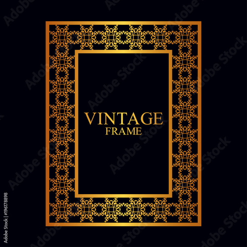 Vintage golden border frame with retro ornamental pattern. Template for design. Vector illustration