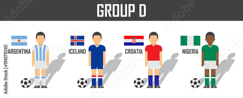 Soccer cup 2018 team group D . Football players with jersey uniform and national flags . Vector for international world championship tournament