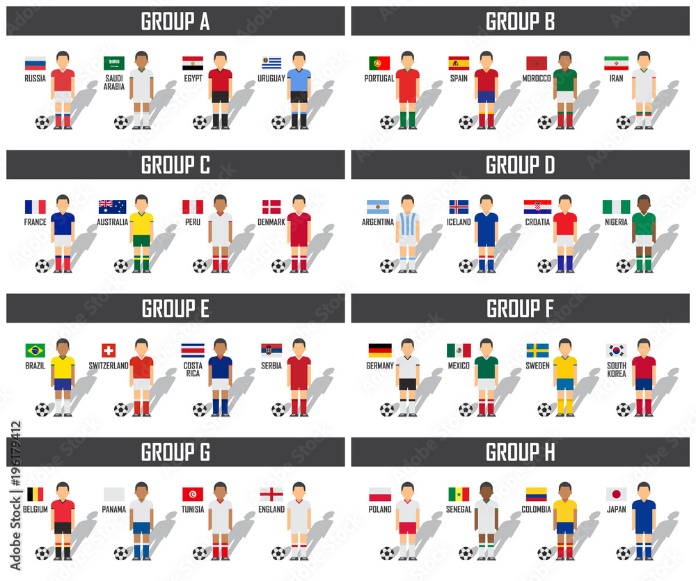 Soccer cup 2018 team group set . Football players with jersey uniform and national flags . Vector for international world championship tournament
