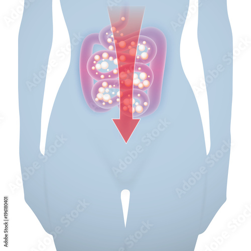 Abstract medical vector illustration of woman silhouette with irritable bowel syndrome in a light blue color