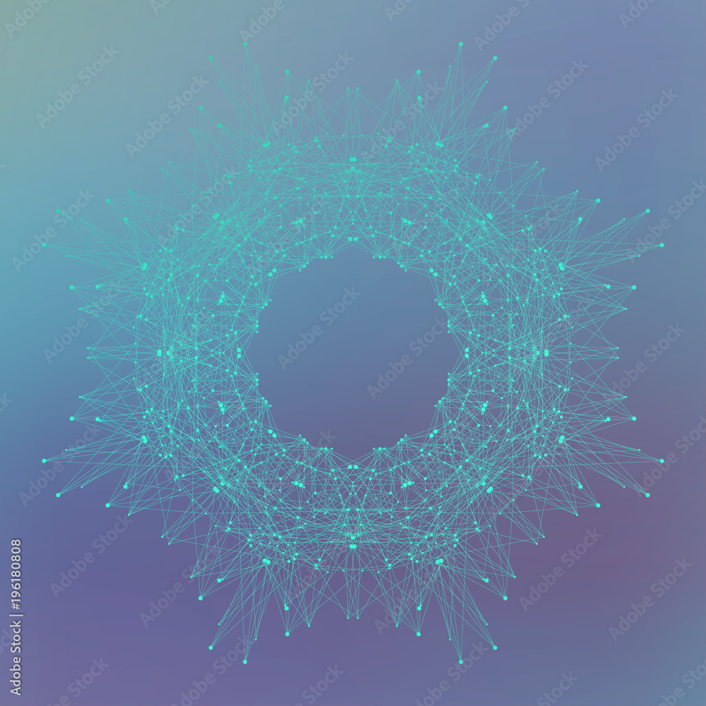 Naklejka premium Fractal element with connected lines and dots. Big data complex. Virtual background communication or particle compounds. Digital data visualization, minimal array. Lines plexus illustration.