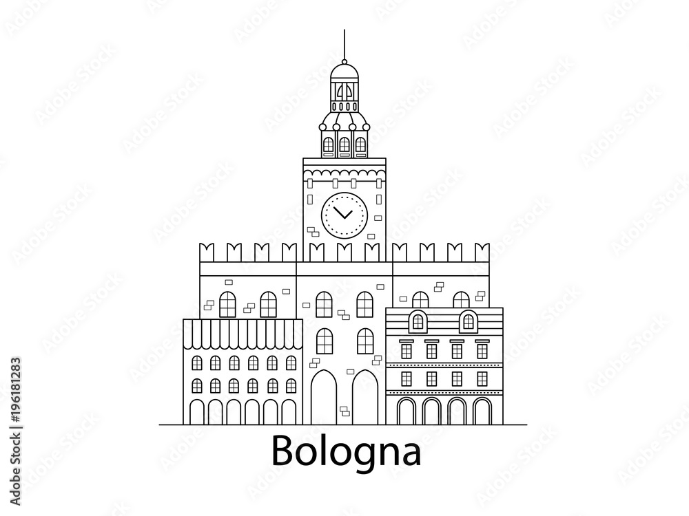 The city of Bologna. European houses. Different sizes and constructions. Old houses of Europe Flat vector in lines