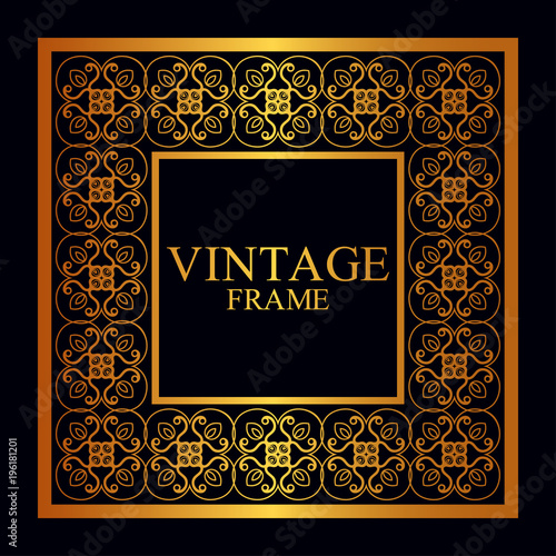 Vintage golden border frame with retro ornamental pattern. Template for design. Vector illustration