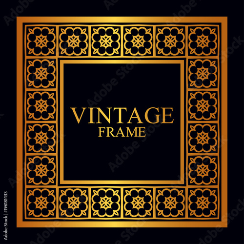 Vintage golden border frame with retro ornamental pattern. Template for design. Vector illustration