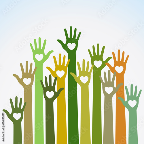 Green yellow orange bright colorful caring up hands hearts vector logo design element . Volunteers hands up with heart emblem icon for education, health care, medical, volunteer, vote. Vector 