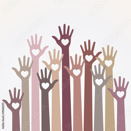 Warm pastel light monochrome colors colorful caring up hands hearts vector logo design element. Volunteers hands up with heart emblem icon for education, health care, medical, volunteer, vote. Vector 