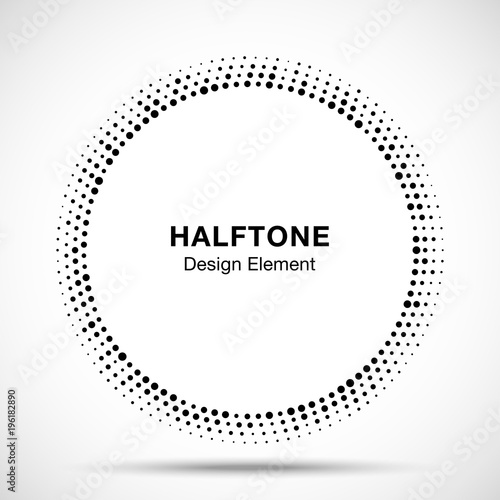 Black abstract vector circle frame halftone random dots logo emblem design element for technology, medical, treatment, cosmetic. Round border Icon using halftone circle dots raster texture. Vector