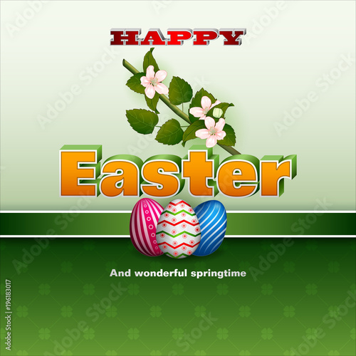 Holiday background design with 3d texts, Easter eggs and branch of apple with flowers for Easter celebration; Vector illustration