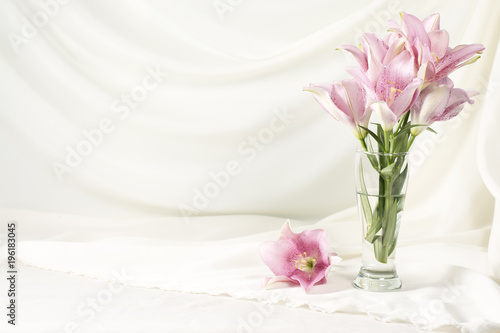 Lily pink or purple in glass vase on white fabric