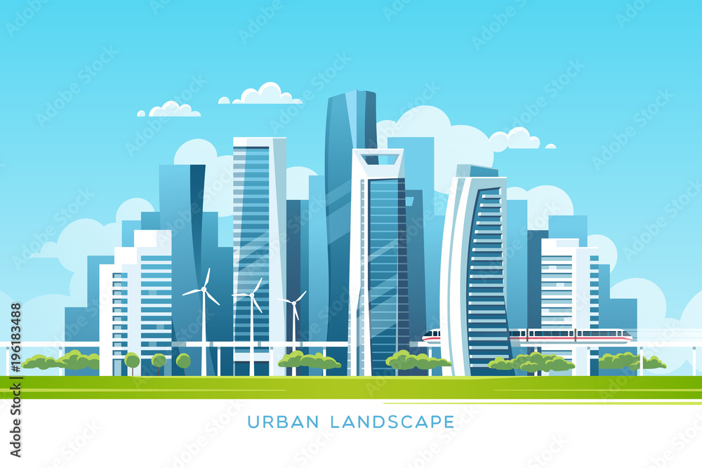 Urban landscape with buildings, skyscrapers and subway. Real estate and construction industry concept. Vector illustration.