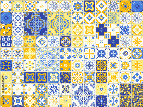 Seamless pattern with portuguese tiles. Vector illustration of Azulejo on white background. Mediterranean style. Blue and yellow design. photo