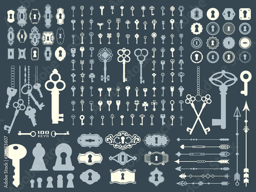 Vector illustration with design illustrations for decoration. Big silhouettes set of keys, locks, arrows, illustrations on dark blue background. Vintage style.