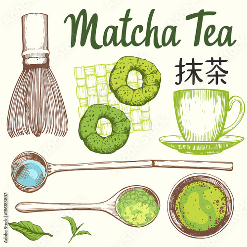 Japanese ethnic and national tea ceremony. Matcha. Traditions of teatime. Decorative elements for your design. Vector Illustration with party symbols on white background.