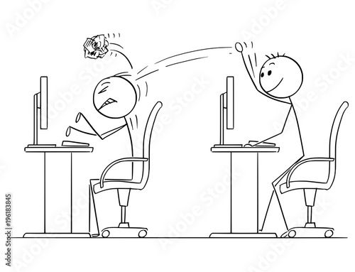 Cartoon stick man drawing conceptual illustration of businessman throwing crumpled paper ball on coworker working on computer. Business concept of bullying in job.
