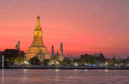 HDR picture Arun temple with Twilight evening Bangkok in Thailand.