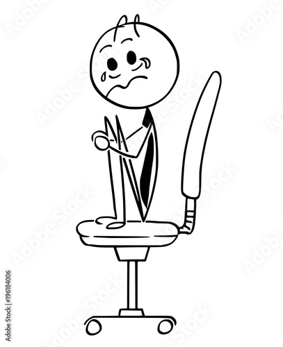 Cartoon stick man drawing conceptual illustration of crying businessman sitting shocked on office chair. Business concept of stress or crisis.