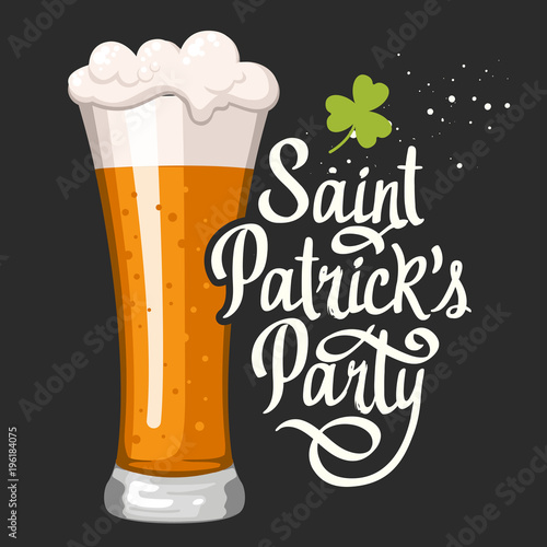 St. Patrick's Day. Vector illustration with glass of beer and congratulations in sketch style. Drink menu for celebration. Irish tradition.