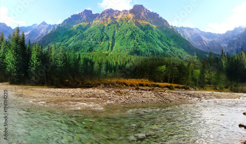 Fototapeta Naklejka Na Ścianę i Meble -  Panoramic view of mountains and forests near the mountain river.