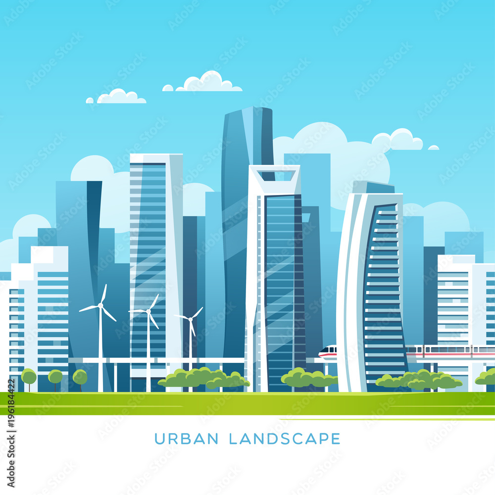 Urban landscape with modern skyscrapers and subway. Vector illustration.