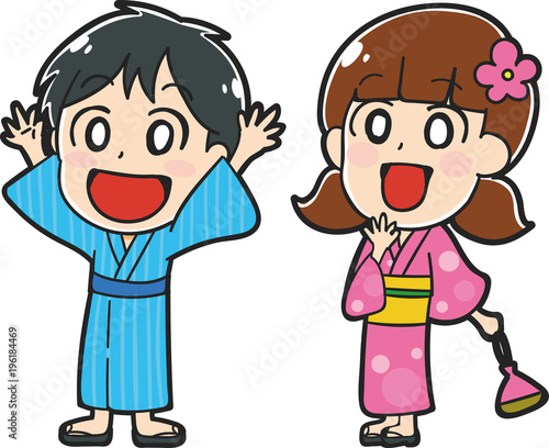 浴衣を着た子供たちのイラスト素材 見上げる Stock Vector Adobe Stock
