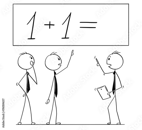 Cartoon stick man drawing conceptual illustration of business team or people working on one plus one 1 mathematical calculation. Business concept of teamwork, incompetence and incapacity.