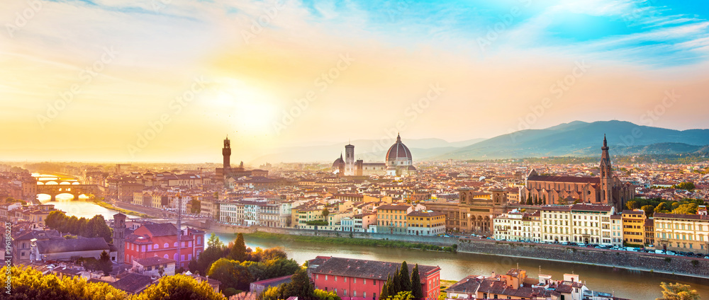 Beautiful magical optimistic landscape fabulous panoramic view of Florence from Michelangelo Square in in sunset. It is a pilgrimage of tourists and romantics. Duomo Cathedral. Italy, Tuscany.