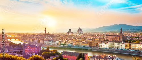Obraz na płótnie Beautiful magical optimistic landscape fabulous panoramic view of Florence from Michelangelo Square in in sunset. It is a pilgrimage of tourists and romantics. Duomo Cathedral. Italy, Tuscany. w salonie