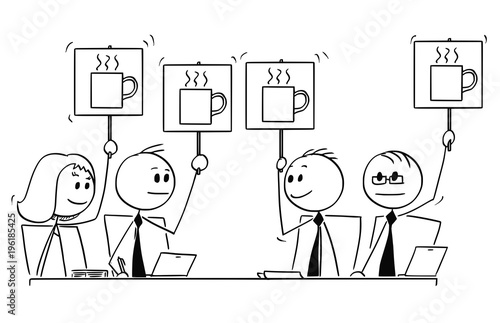 Cartoon stick man drawing conceptual illustration of business team or people meeting. All voting and hands up for coffee break. Business concept of teamwork and relaxation.