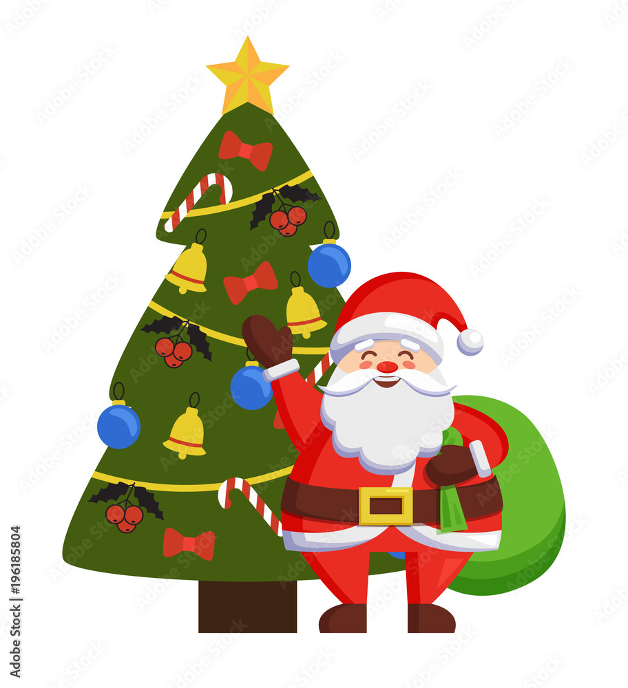Happy Santa Standing Bag Near Decorated Xmas Tree Happy Santa Standing Bag Near Decorated Xmas Tree