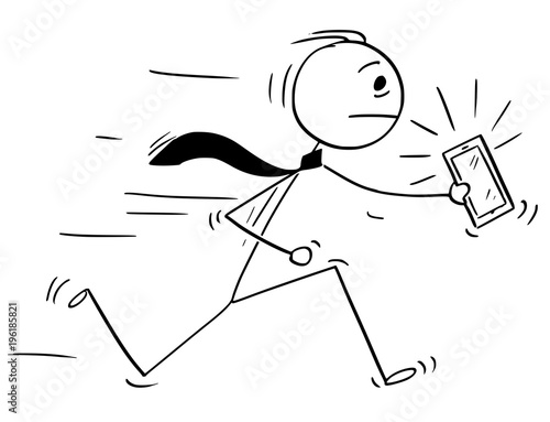Cartoon stick man drawing conceptual illustration of businessman running with ringing mobile phone or cellphone.Business concept of communications and technology.