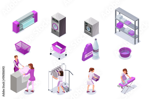 Laundry or dry cleaners service icons set, isometric 3d illustration with washingmachine and ironing machine, cleaning equipment, baskets, detergent, vector interior of clothes cleaning shop