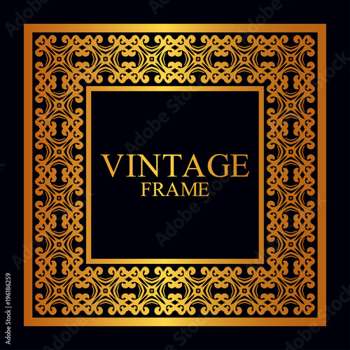 Vintage golden border frame with retro ornamental pattern. Template for design. Vector illustration