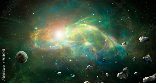 Space scene. Colorful fractal nebula with planet and asteroids. Elements furnished by NASA. 3D rendering