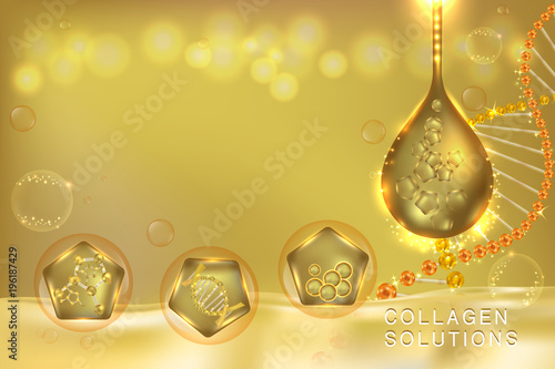 Gold collagen Serum drop, cosmetic advertising background ready to use, luxury skin care ad, Illustration vector.