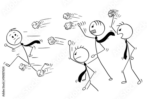 Cartoon stick man drawing conceptual illustration of businessman running away from group of angry business people or coworkers throwing crumpled paper balls.