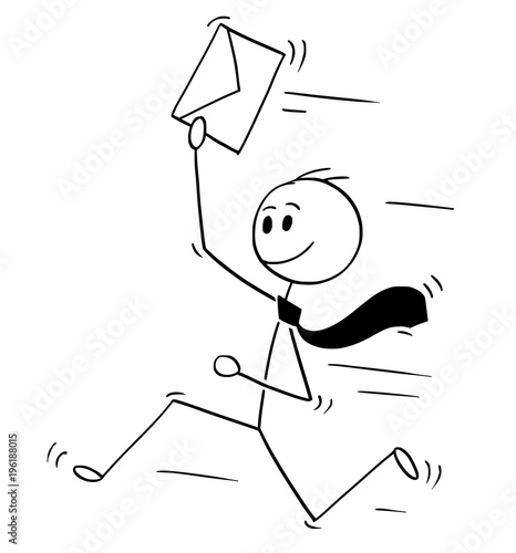Cartoon stick man drawing conceptual illustration of happy businessman running with letter in envelope, bringing great news.