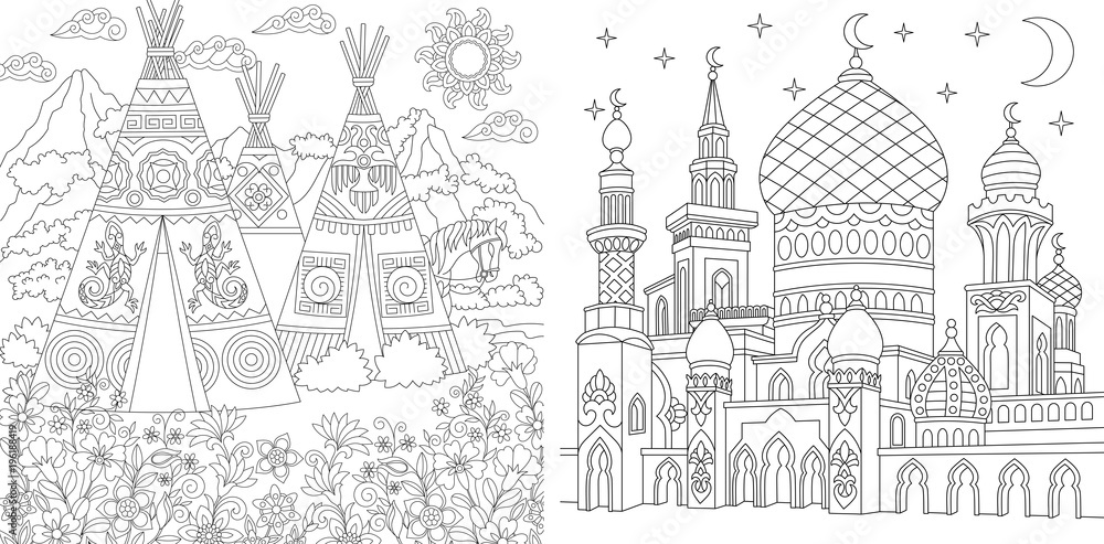 Fototapeta premium Coloring Page. Adult Coloring Book. Native North American wigwam village. Boho tribal culture. Turkish mosque with crescent moons. Islamic arabic asian style. Antistress freehand sketch collection.