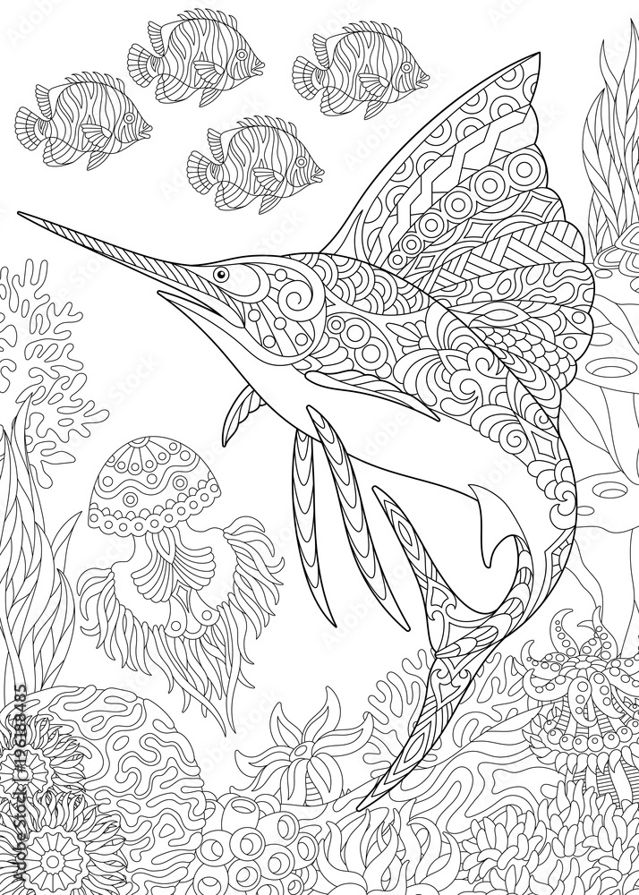 Fototapeta premium Coloring page for adult colouring book. Underwater background with sailfish, jellyfish, tropical fishes and ocean plants. Antistress freehand sketch drawing with doodle and zentangle elements.