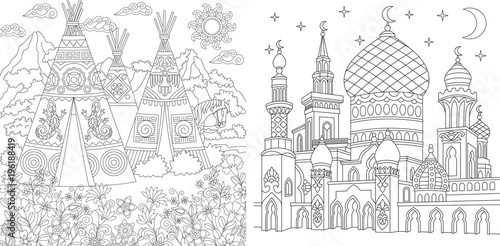 Coloring Page. Adult Coloring Book. Native North American wigwam village. Boho tribal culture. Turkish mosque with crescent moons. Islamic arabic asian style. Antistress freehand sketch collection.