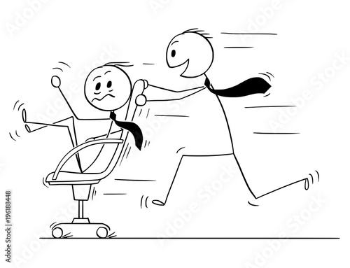 Cartoon stick man drawing conceptual illustration of businessman riding on office chair, second man pushing him. Business concept of fun in the office.