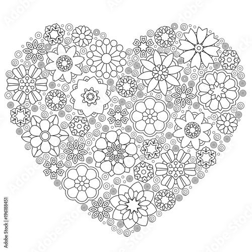 Heart template with abstract lace floral pattern in paper laser cut out style. Coloring Page for adult colouring book. Freehand sketch drawing with doodle and zentangle elements.