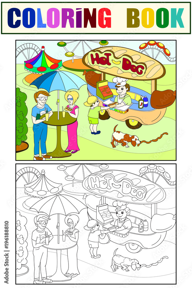 Amusement park color pages for children. Hot dog. Food Truck vector. Color, black and white