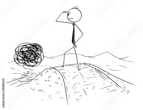 Cartoon stick man drawing conceptual illustration of confused businessman watching the confused and complicated road in front of him. Business concept of obstacles and career.