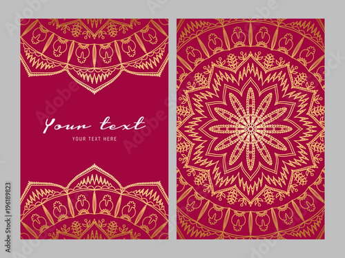 Greeting card golden ethnic patterns on red background