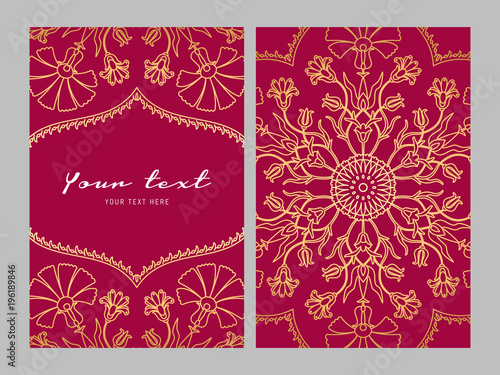 Greeting card golden ethnic patterns on red background