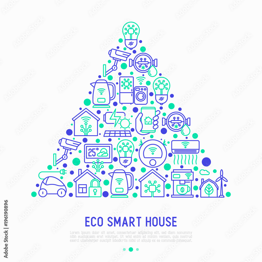 Eco smart house concept in triangle with thin line icons: solar battery, security, light settings, appliances, artificial intelligence, mobile app control. Energy saving vector illustration. Eco smart house concept in triangle with thin line icons: solar battery, security, light settings, appliances, artificial intelligence, mobile app control. Energy saving vector illustration.
