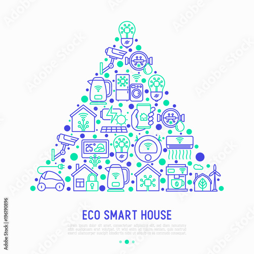 Eco smart house concept in triangle with thin line icons: solar battery, security, light settings, appliances, artificial intelligence, mobile app control. Energy saving vector illustration.