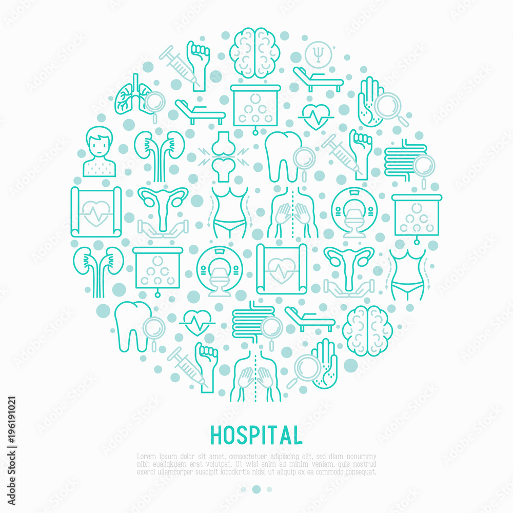 Hospital concept in circle with thin line icons for doctor's notation: neurologist, gastroenterologist, manual therapy, ophtalmologist, cardiology, allergist, dermatologist. Vector illustration. Hospital concept in circle with thin line icons for doctor's notation: neurologist, gastroenterologist, manual therapy, ophtalmologist, cardiology, allergist, dermatologist. Vector illustration.