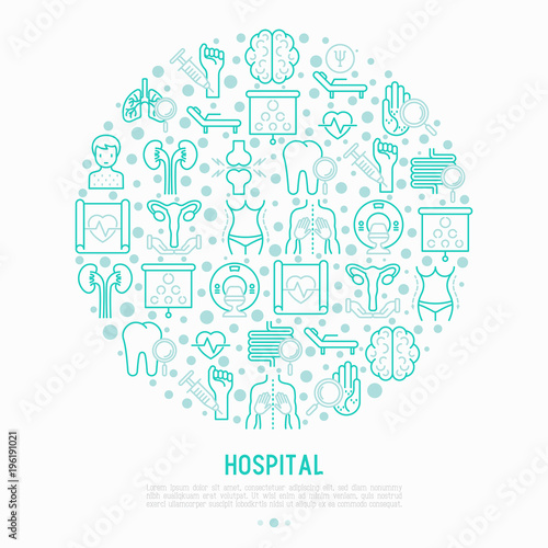 Hospital concept in circle with thin line icons for doctor's notation: neurologist, gastroenterologist, manual therapy, ophtalmologist, cardiology, allergist, dermatologist. Vector illustration.