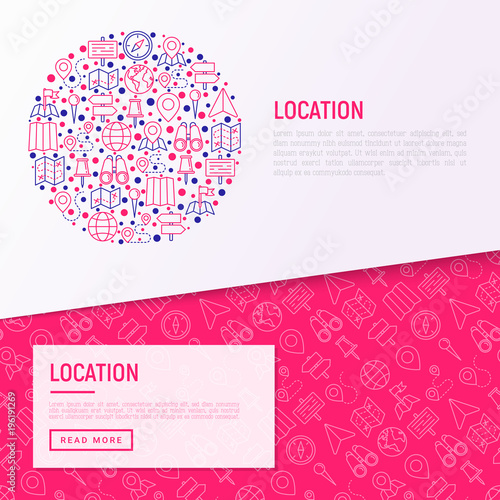 Location concept in circle with thin line icons: pin, pointer, direction, route, compass, wall needle, cursor, navigation, gps, binoculars. Modern vector illustration for banner, web page template.